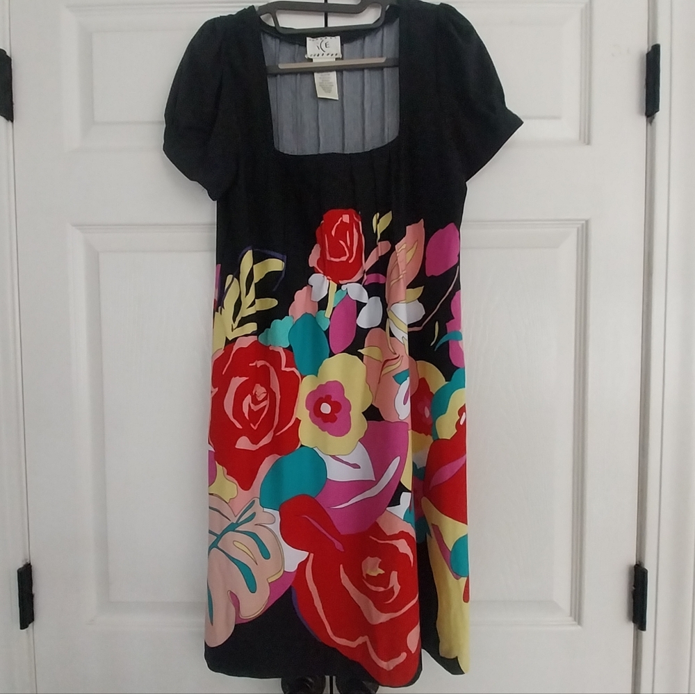 Black Floral Square-Neck Women’s Dress Pintuck